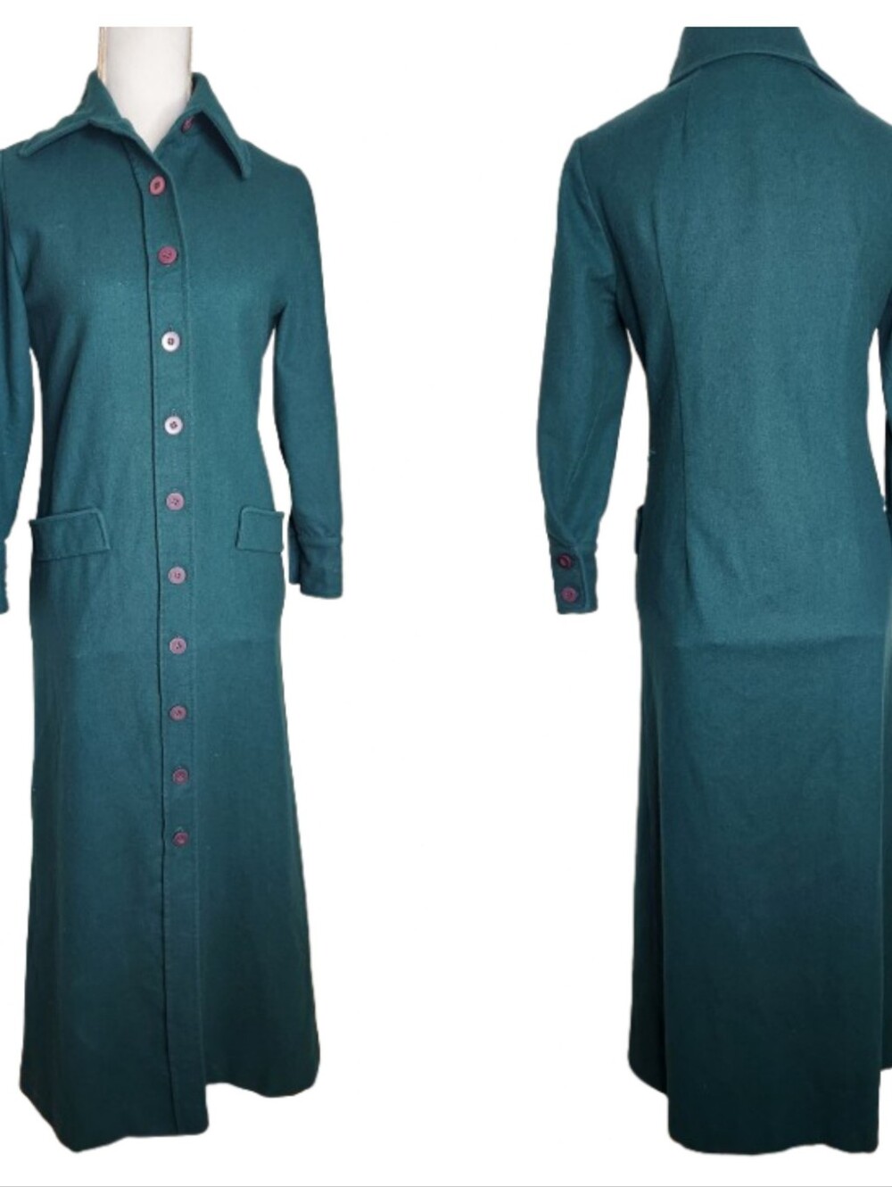 Vintage Pendleton Juniors 7-8 Green 100% Wool Button Trench Coat (Missing Belt)